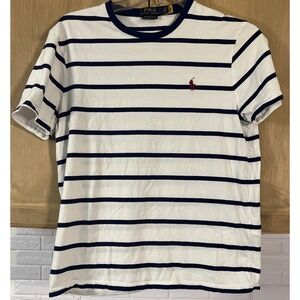 Ralph Lauren Sport Women's Stripey Navy/White T-Shirt Size Lg